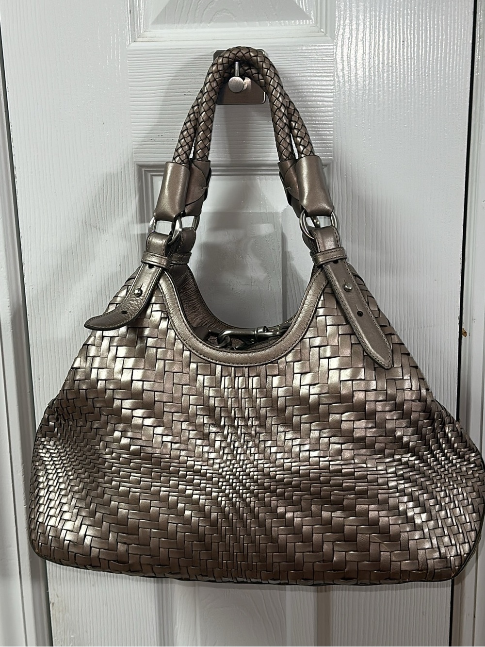COLE HAAN GENEVIEVE WOVEN LEATHER TRIANGLE TOTE/ PURSE Metallic Champagne(bags26